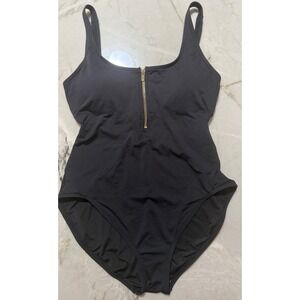 Michael Kors Womens Black Front Zip One Piece Swimsuit Gold Hardware Size 12 #84